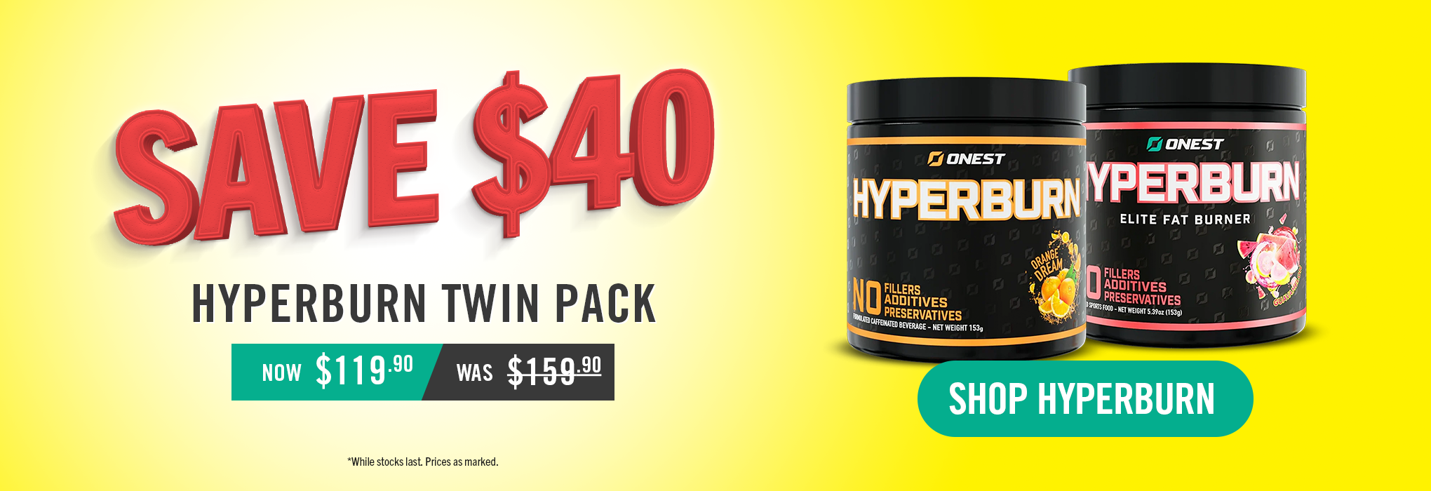 Hyperburn supplement twin pack with promotional text on a yellow background