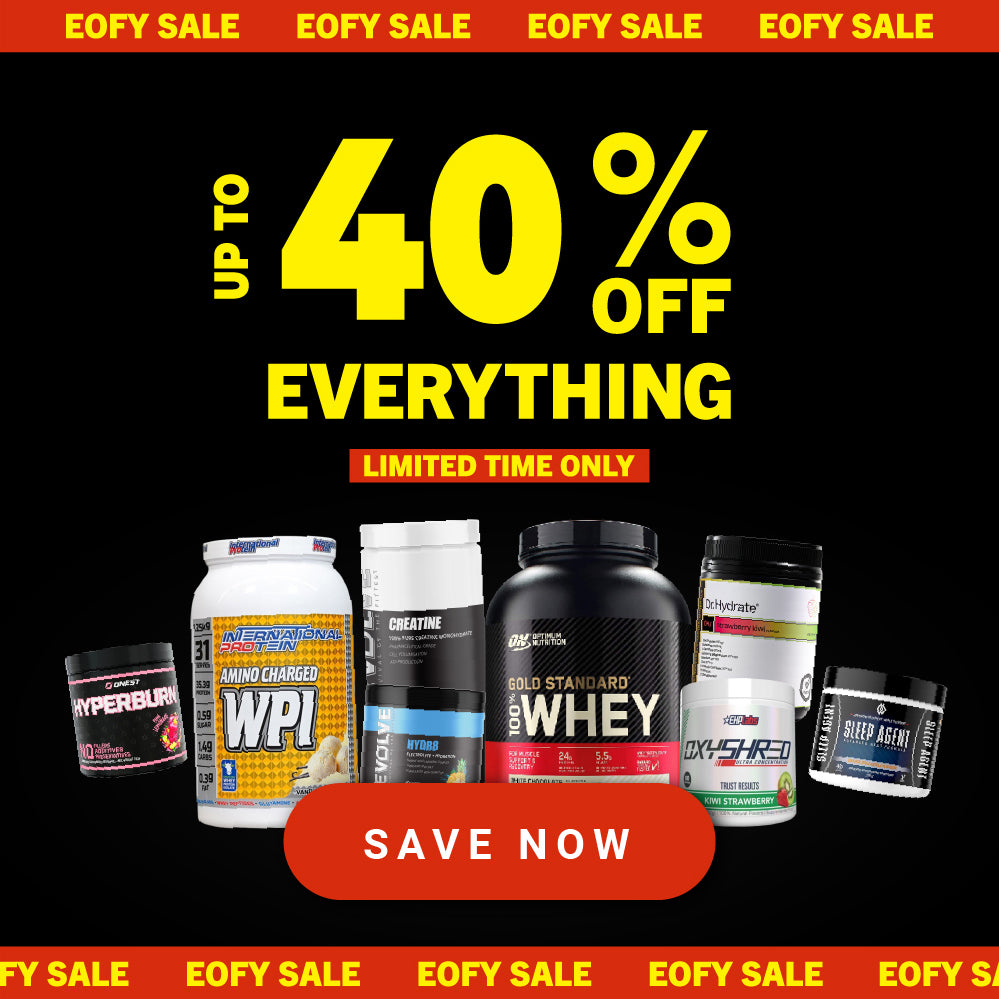 Promotional image with supplement products and 40% off text on a black background
