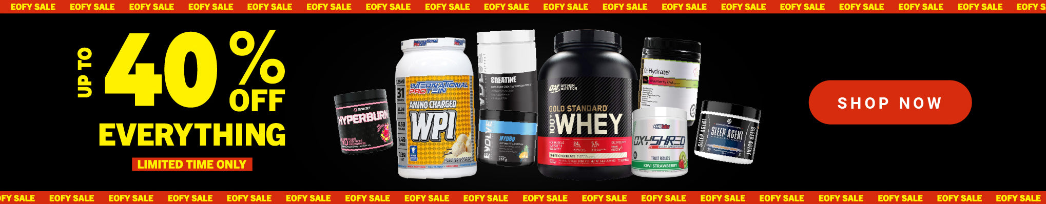 Supplement products with promotional text for a discount offer on a black background.