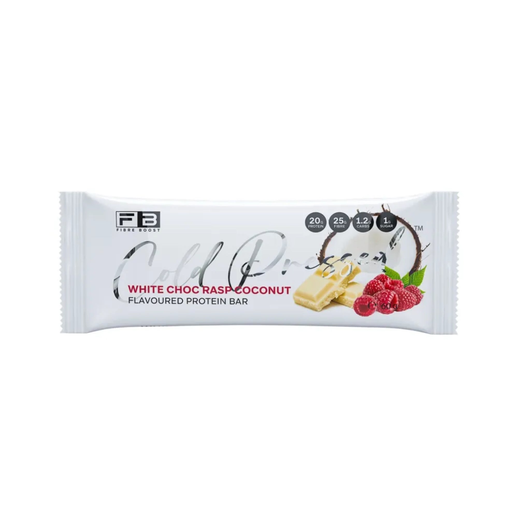 Fibre Boost Cold Pressed Bars - Single White Choc Raspberry Coconut