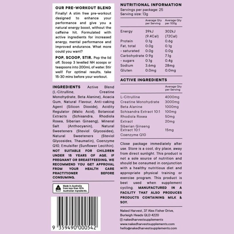 Naked Harvest Stim-Free Pre Workout NIP