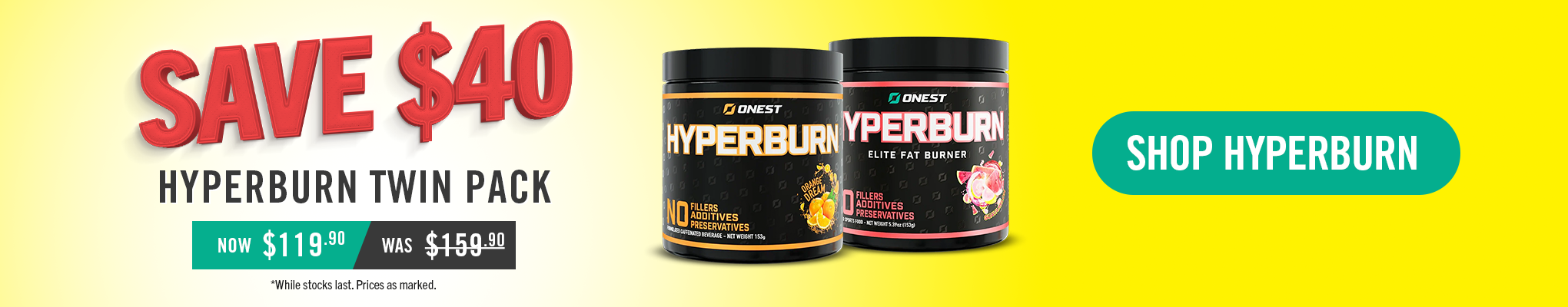 Hyperburn supplement twin pack with promotional text on a yellow background