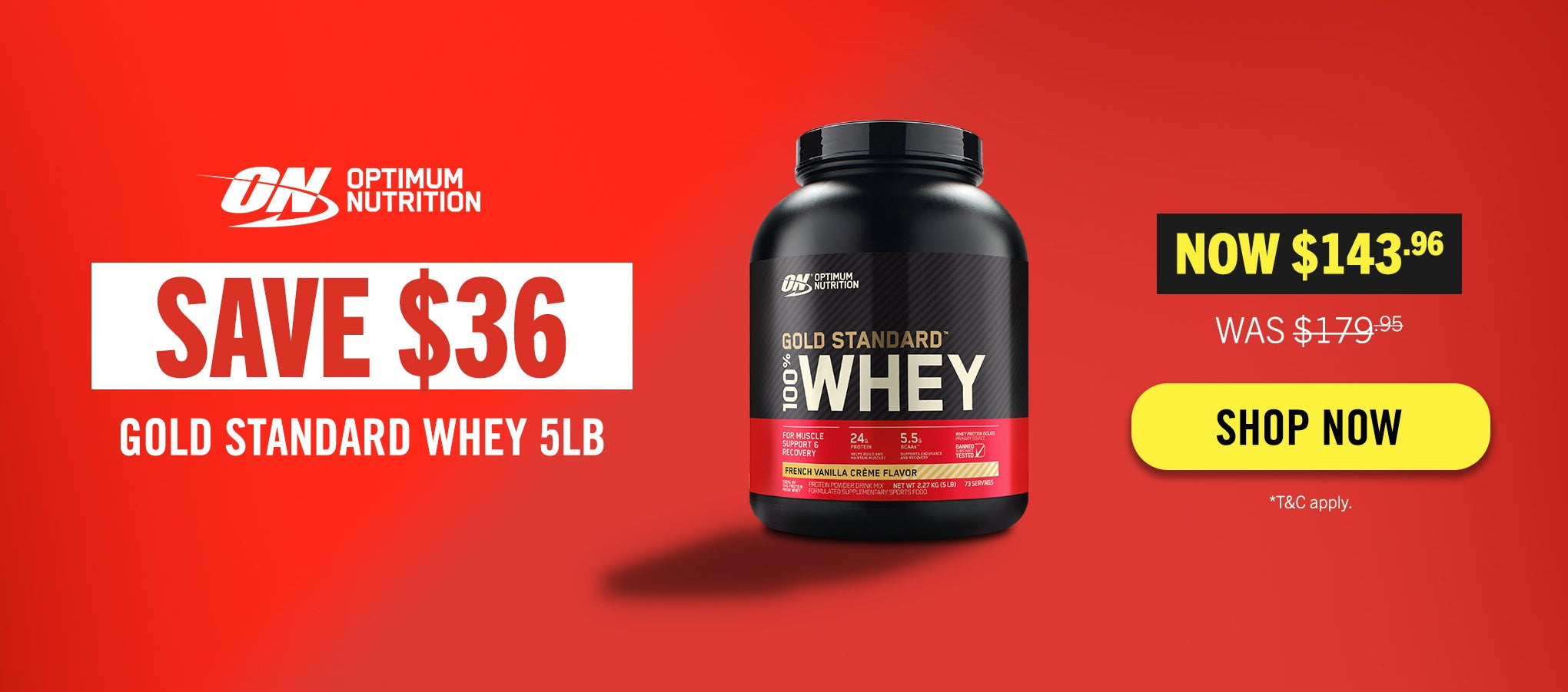 Optimum Nutrition Gold Standard Whey 5LB tub on a red promotional background with sale text, price, and a yellow Shop Now button.