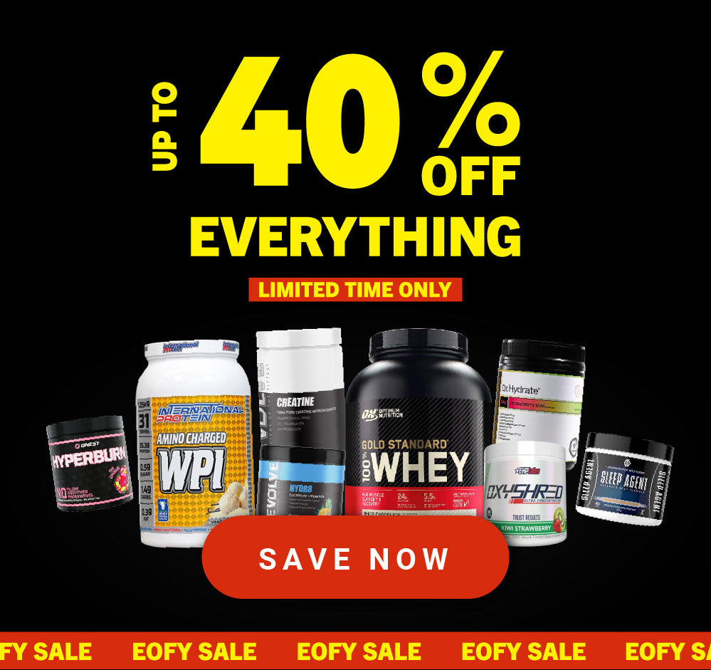 Promotional image with supplement products and 40% off text on a black background