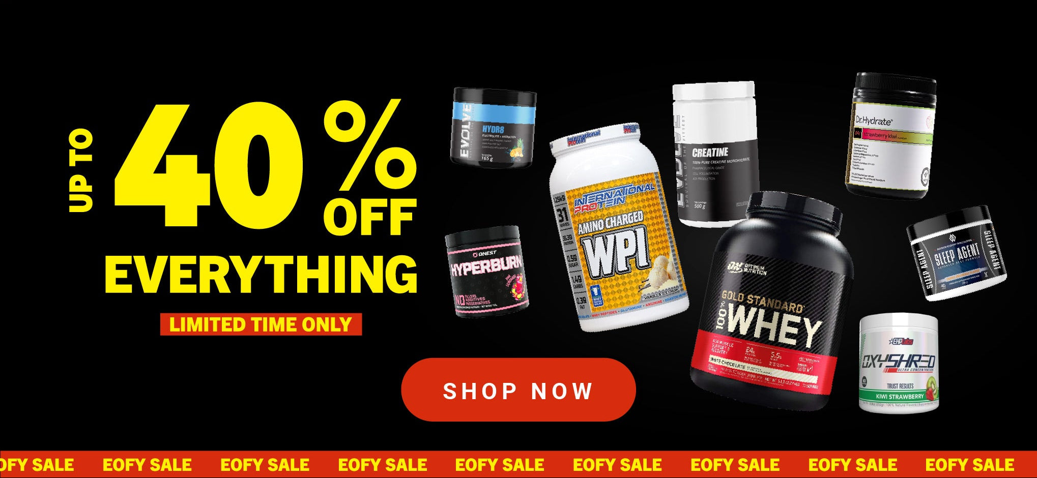 Promotional banner for a sale with protein powder containers and text on a black background.