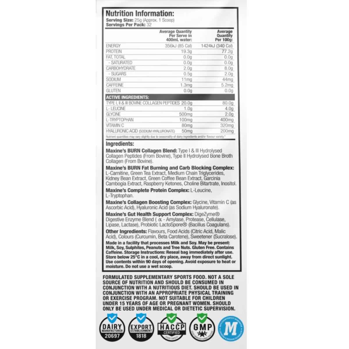 Maxines Burn Protein Water 800g NIP