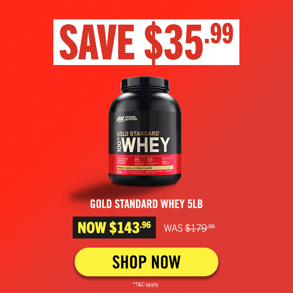 Gold Standard Whey protein powder container with a discount offer on a red background