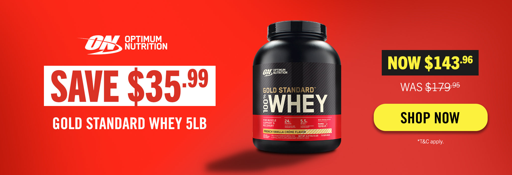 Optimum Nutrition Gold Standard Whey protein supplement on a red background with promotional text.