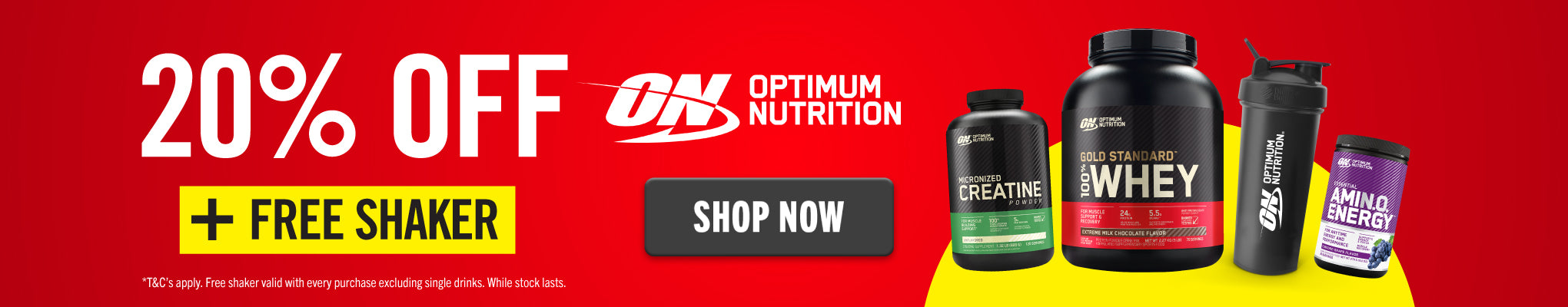 20% OFF Optimum Nutrition + FREE Shaker