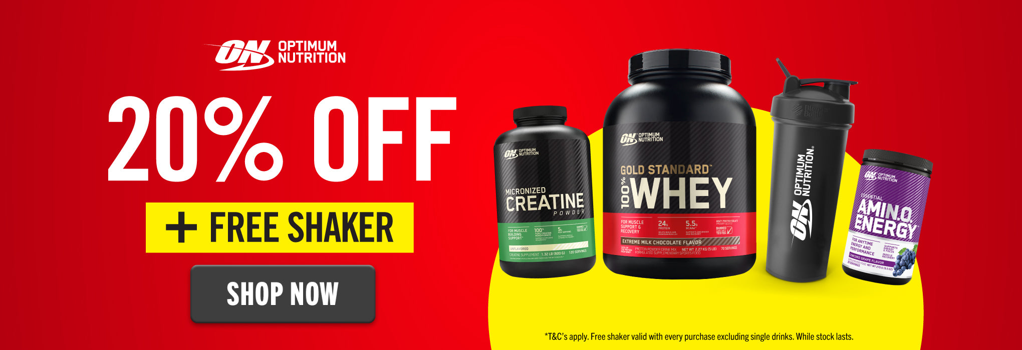 20% OFF Optimum Nutrition + FREE Shaker