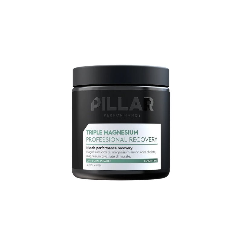 Black jar of Pillar Performance Triple Magnesium on a white background