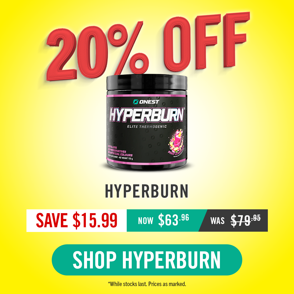 Promotional banner with Hyperburn  thermogenic supplement container and discount text.
