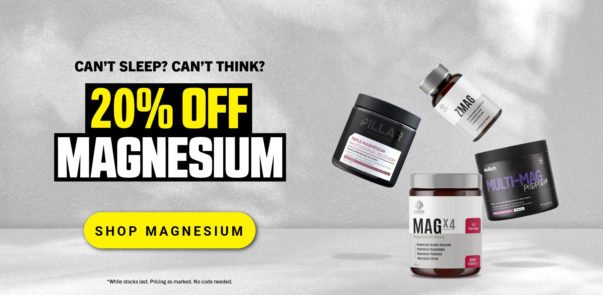 Magnesium supplement products with promotional text on a gray background
