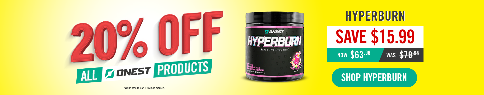 Promotional banner with Hyperburn  thermogenic supplement container and discount text.