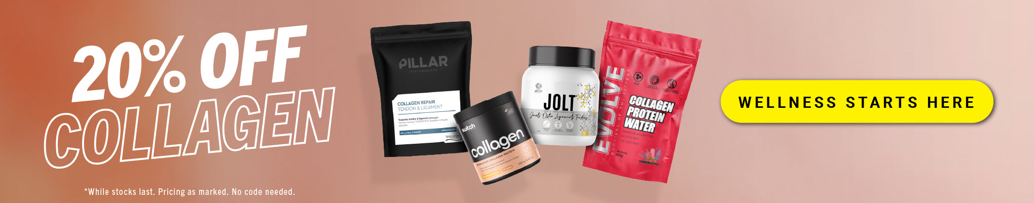 Promotional banner for collagen products with '20% Off Collagen' text and collagen product images.