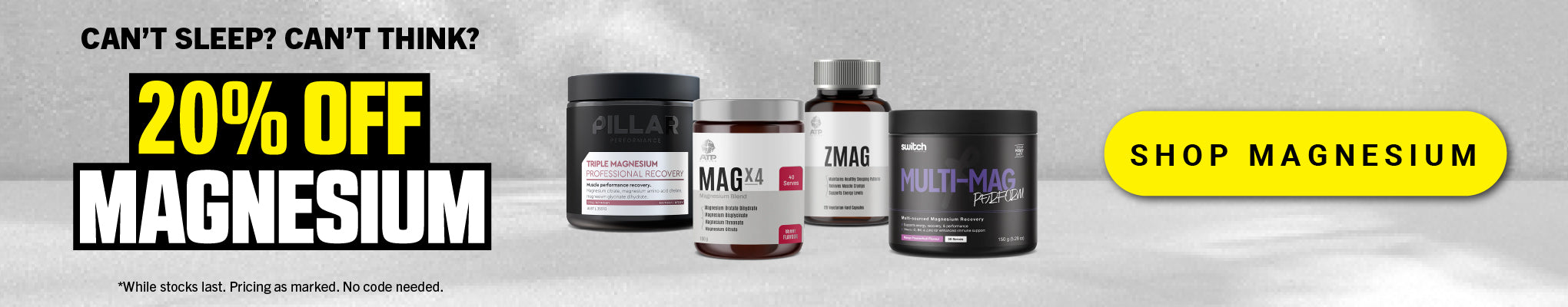 Supplement containers with a promotional banner for 20% off magnesium on a light gray background.
