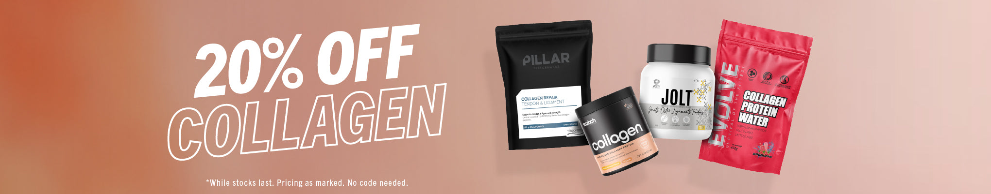 Promotional banner for collagen products with '20% Off Collagen' text on a gradient background.